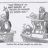 Justice Has at Last Caught Up with Her; John T. McCutcheon, Editorial Cartoon, Chicago Daily Tribune, October 9, 1934