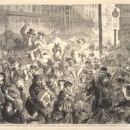 The Great Fire in Chicago: Panic-stricken Citizens Rushing Past the Sherman House, Carrying the Aged, Sick and Helpless, and Endeavoring to Save Family Treasures; from Frank Leslie's Illustrated Newspaper, October 28, 1871 (ichi-20909) The Great Fire in Chicago: Panic-stricken Citizens Rushing Past the Sherman House, Carrying the Aged, Sick and Helpless, and Endeavoring to Save Family Treasures; from Frank Leslie's Illustrated Newspaper, October 28, 1871 (ichi-20909)