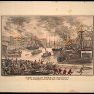 The Great Fire in Chicago: The Fire Crossing the River from the South to the North Side; Kellogg & Bulkeley, Lithograph, ca. 1872 (ichi-39266) The Great Fire in Chicago: The Fire Crossing the River from the South to the North Side; Kellogg & Bulkeley, Lithograph, ca. 1872 (ichi-39266)