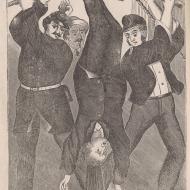 Fearful Retribution. Thieves and Incendiaries are Hanged by the Heels and Brained; from George L. Barclay, The Great Fires of Chicago, 1871 (ichi-64421) Fearful Retribution. Thieves and Incendiaries are Hanged by the Heels and Brained; from George L. Barclay, The Great Fires of Chicago, 1871 (ichi-64421)