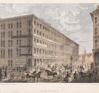 Corner Lake Street and Wabash Avenue; Louis Kurz for Jevne & Almini, Lithograph, 1866-67 (ichi-62076)