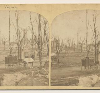 View Northeast toward the Water Tower after the Fire; Shaw, Stereograph, 1871 (ichi-64154)