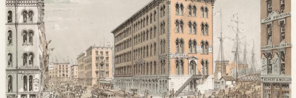 Corner of Clark and Water Streets; Louis Kurz for Jevne & Almini, Lithograph, 1866-67 (ichi-62077) Corner of Clark and Water Streets; Louis Kurz for Jevne & Almini, Lithograph, 1866-67 (ichi-62077)