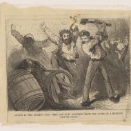 Orgies in the Doomed City--Men and Boys Drinking from the Casks of a Burning Liquor Store; Engraving, 1871 (ichi-02897)