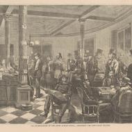 The Reading Room of the Fifth Avenue Hotel--Discussing the News from Chicago; from Every Saturday, October 28, 1871 (ichi-02916)
