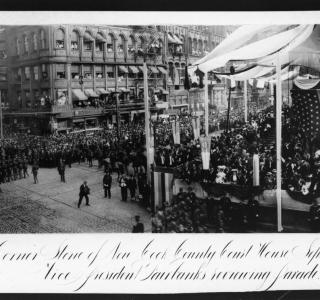 Laying the Cornerstone of the New Cook County Courthouse and City Hall, September 21st, 1906--Vice President Fairbanks Leading the Parade; Barnes-Crosby, Photograph (ichi-19264)
