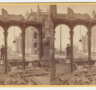 Among the Ruins in Chicago: Court House Seen Through Ruins of East Side of Clark Street; G. N. Barnard, Stereograph, 1871 (ichi-21546)