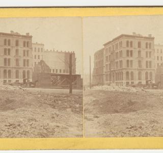 Nixon Building after the Fire; Warren R. Hansen, Stereograph, 1871 (ichi-39576)