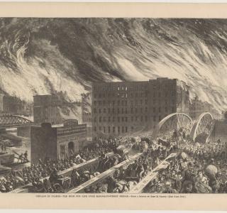 Chicago in Flames--The Rush for life over Randolph-Street Bridge; from Harper's Weekly, October 28, 1871 (ichi-63135)