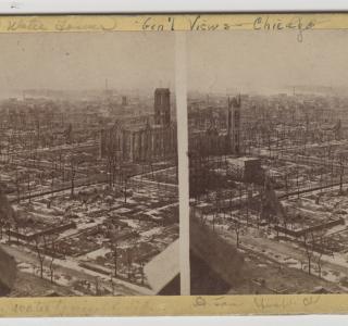 View Southwest from the Water Tower after the Fire; J. H. Abbott, Stereograph, 1871 (ichi-64284)